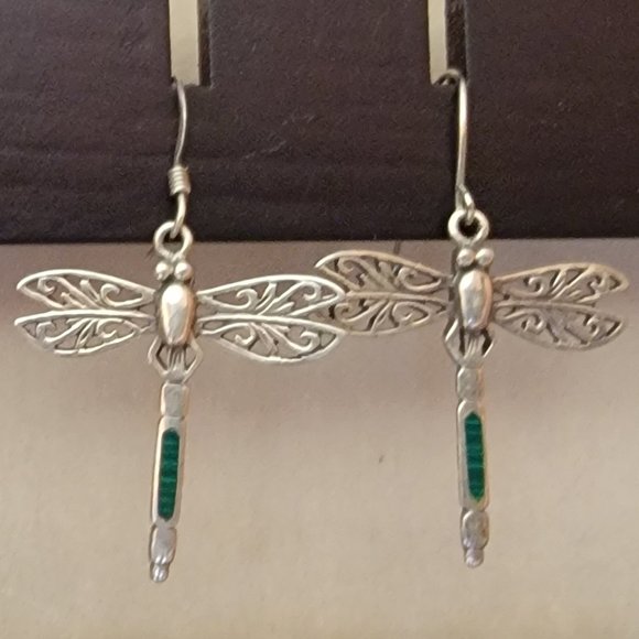 Jewelry - Sterling Silver/Malachite Dragonfly Earrings